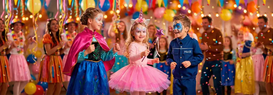 Drei Kinder in fantasievollen Karnevalskostümen stehen auf einer bunt dekorierten Party mit Girlanden, Luftballons und Konfetti.